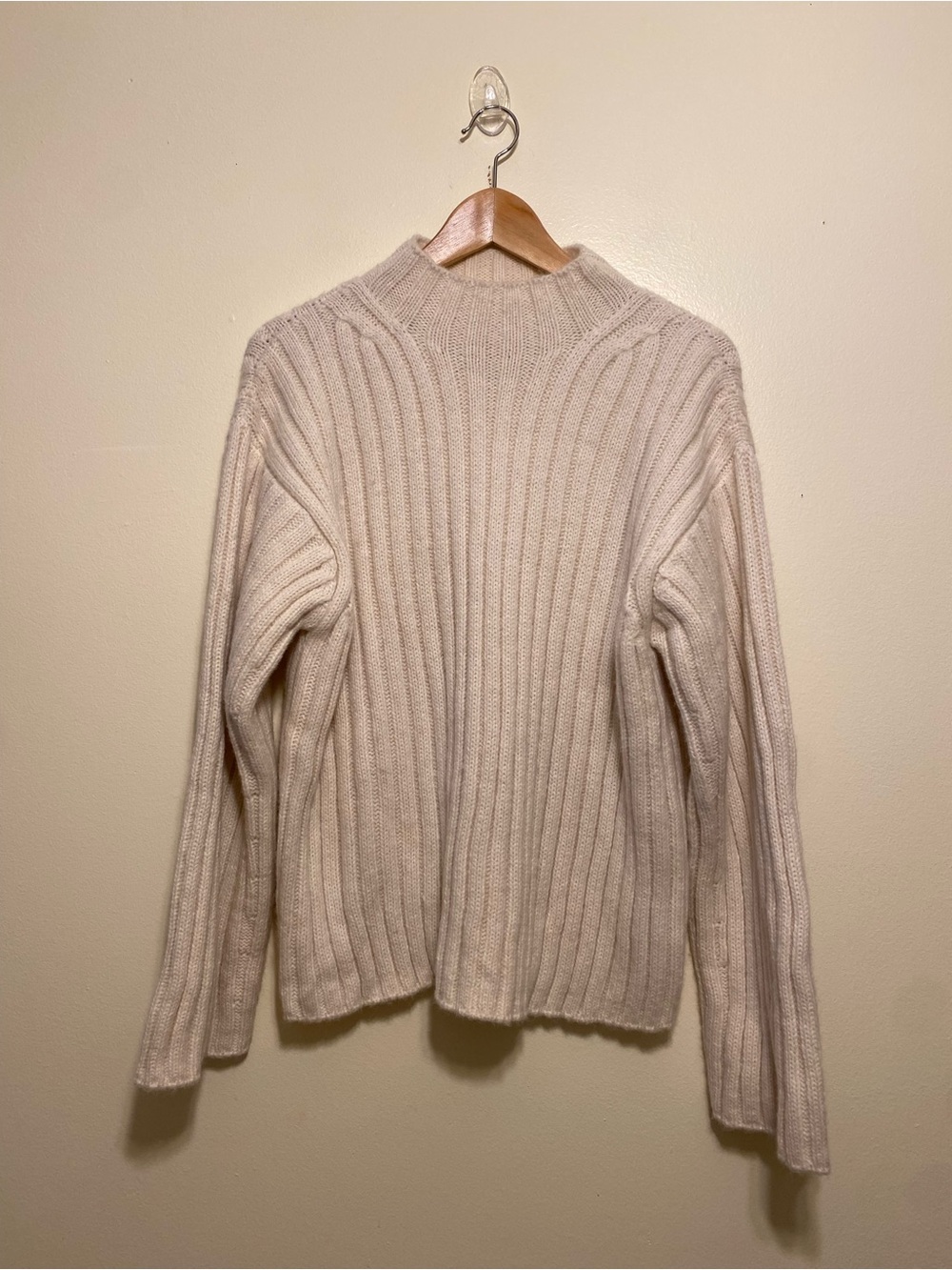 Buck Mason Baby Alpaca Blend Cream Ribbed Mock Neck Sweater. Size M